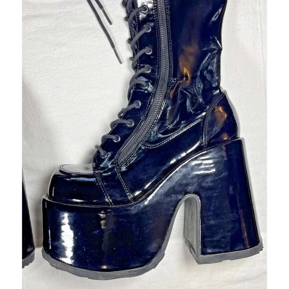 Demonia Camel 300 Platform Knee High Boots Black Patent Gothic Womens 5
